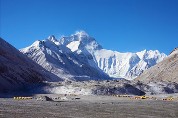 Mount Everest summit and base camp from Tibetan side in China