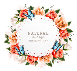 Holiday vintage greeting card with a beautiful roses and butterflies. Vector.