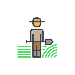 Farmer man with shovel filled outline icon, line vector sign, linear colorful pictogram. Symbol, logo illustration