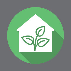 Green house flat icon. Round colorful button, circular vector sign with long shadow effect. Flat style design