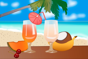 Two glasses of juice and fruit on the background of the sea