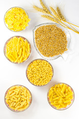 Five types of pasta in glass plates. Grains of wheat and wheat spikelets