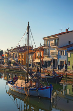 CESENATICO, ITALY: 01 JANUARY 2017-Ancient boats on Leonardesque Canal Port in Cesenatico in Emilia Romagna in Italy