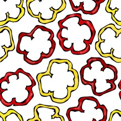 Seamless of Red and Yellow Paprika Slices, Bell Pepper or Sweet Bulgarian Pepper Cuts. Isolated On a White Background. Realistic and Doodle Style Hand Drawn Sketch Vector Illustration.