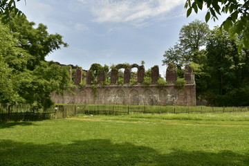 Fototapeta na wymiar Les ruines du château de Charles de Lorraine en pleine nature de l'arboretum du domaine de Mariemont à Morlanwelz 