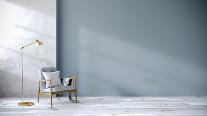 loft and vintage interior of living room, Blue armchairs on white flooring and blue wall  ,3d rendering © LEKSTOCK 3D