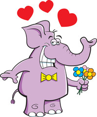 Cartoon illustration of an elephant holding flowers with hearts.