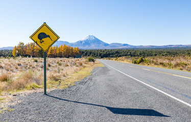 Kiwi Crossing Schild am Mount Tongariro