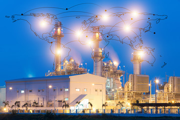 Oil refinery at twilight with cyber and physical system icons diagram on industrial factory and...