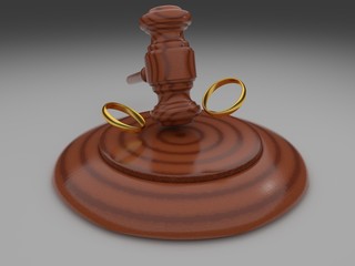 Divorce Concept With Gavel And Wedding Rings At Wooden Desk. 3d render