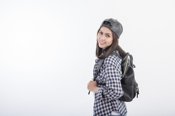 Beautiful travel girl isolated on white background