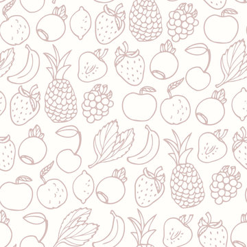 Hand drawn cartoon fruits seamless pattern. Fruit, multifruit and berry flavors. Outline food background