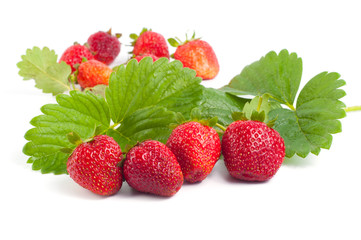 Fresh and ripe strawberries with leaves on white background