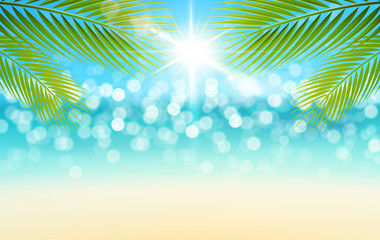 Fototapeta na wymiar Bokeh Strand mit Palmen Blätter und Sonne - Hintergrund 
