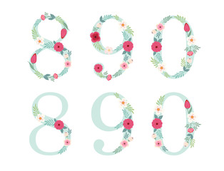 Cute vintage numbers with hand drawn rustic flowers