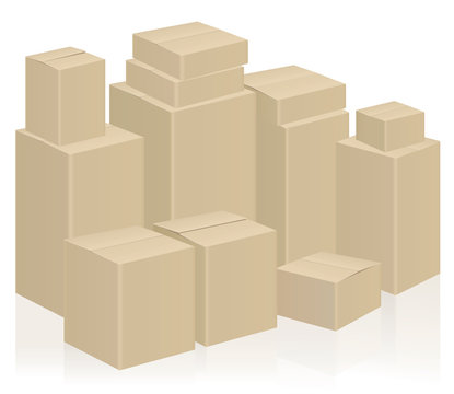 Moving boxes, symbolic for WE ARE MOVING or WE HAVE MOVED - packing case vector illustration on white background.