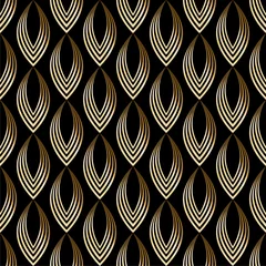 Papier peint Feuilles géométriques Feuilles abstraites de modèle sans couture, échelles. Or, bronze sur fond noir. Illustration vectorielle.