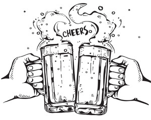 Vector image of two hands holding beer mugs. Drinks with a lot of foam forming a heart shape. Cheers.