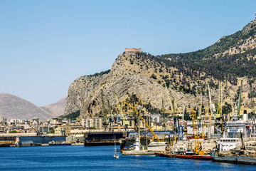  view of the port and Castello utveggio on mount Pellegrino in Palermo. Sicily