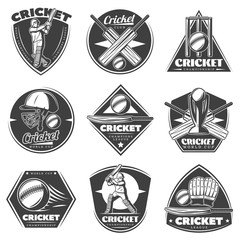 Obraz premium Monochrome Vintage Cricket Sport Labels Set