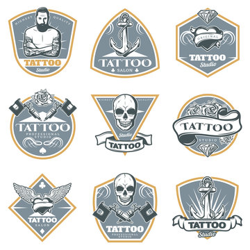 Colored Tattoo Studio Labels Set