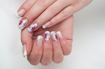 Wedding French manicure with Chinese painting on long square nails.
