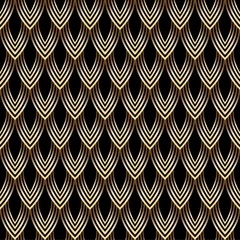Photo sur Aluminium Art deco Feuilles abstraites de modèle sans couture, échelles. Or, bronze sur fond noir. Illustration vectorielle.