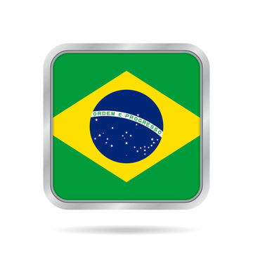 Flag of Brazil. Shiny metallic gray square button.