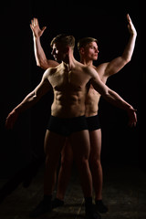 young people of men twins, fitness health, gym and energy