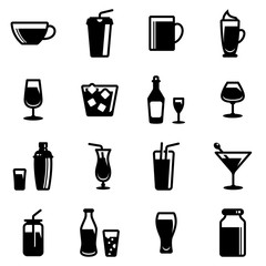 Set of simple icons on a theme Restaurant, alcohol, glass, dishes, drinks, bar, cold, hot, strong, vector, set. Black icons isolated against white background
