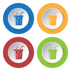 four round color icons, carbonated drink and straw