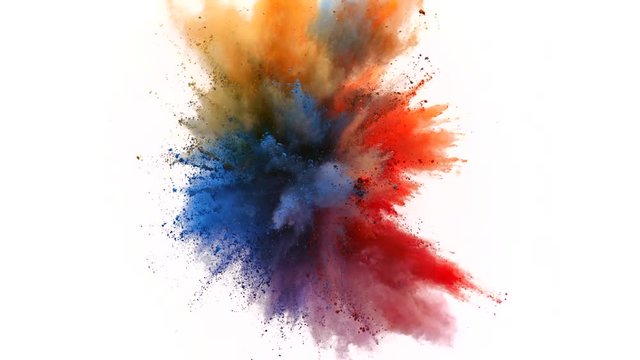 Colorful powder/particles fly after being exploded against white background. Shot with high speed camera, phantom flex 4K. Slow Motion. 