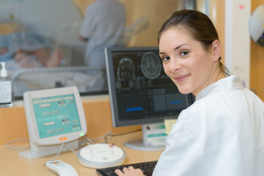 Nurse at computer in radiology department
