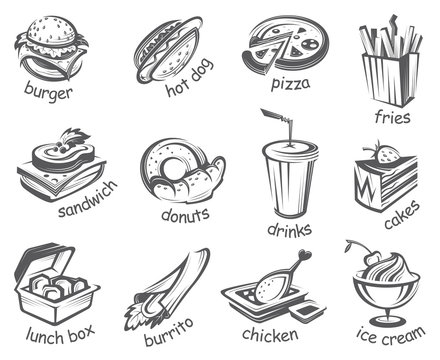 monochrome illustration of fast food set
