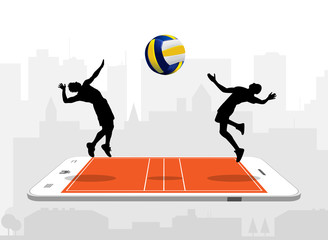 Volleyball players on the surface of a smartphone. 