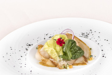 Fresh appetizer with smoked white fish, rucola, baby spinach and green salad, with red eatable flowers, placed on white plate, light background, isolated