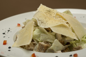 Grilled meat salad, served with parmesan and rucola, isolated on light background, white plate