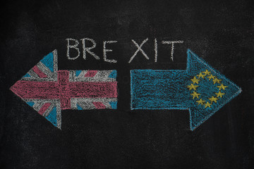 Brexit, flags of the United Kingdom and the European Union drawn with white chalk on blackboard