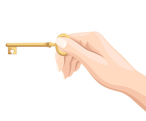 Human hand with key creative vector illustration in flat style for presentation, booklet, website and other project. Design element.