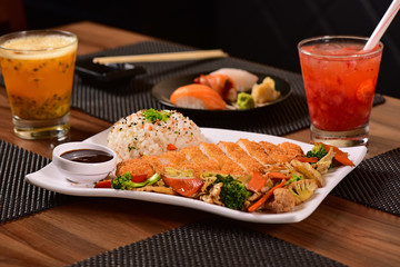 Roasted salmon and rice and vegetables