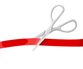 Grand Opening celebrities illustration with silver scissors and red ribbon on white background.