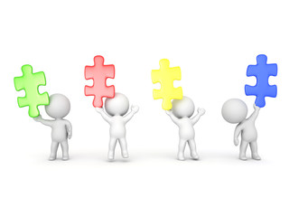 3D Illustration of cheerful characters holding up colored puzzle pieces