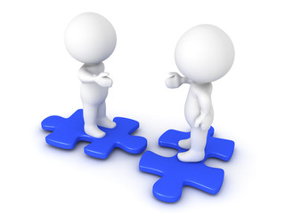 Two 3D Characters extending hands and sitting on blue puzzle pieces