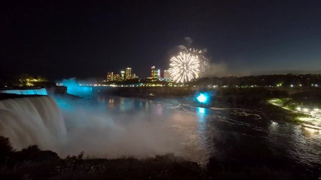Firework show viewed from Niagara Falls State Park of New York, USA with skyline of Niagara Falls City, Ontario, Canada