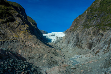 Franz Josef Glacier and valley floor, Westland, South Island, Franz Josef Glacier National Park, in New Zealand