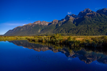 Mirror Lakes along the way to Milford Sound, New Zealand