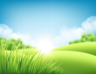 Obraz na płótnie Canvas Summer nature sunrise background, a landscape with green hills and meadows, blue sky and clouds. Vector illustration