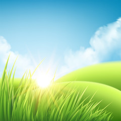 Obraz premium Summer nature sunrise background, a landscape with green hills and meadows, blue sky and clouds. Vector illustration