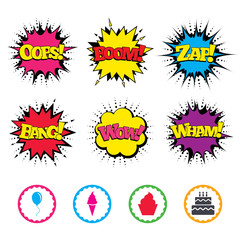 Birthday party icons. Cake with ice cream symbol.