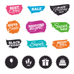 Birthday party icons. Cake and gift box symbol.